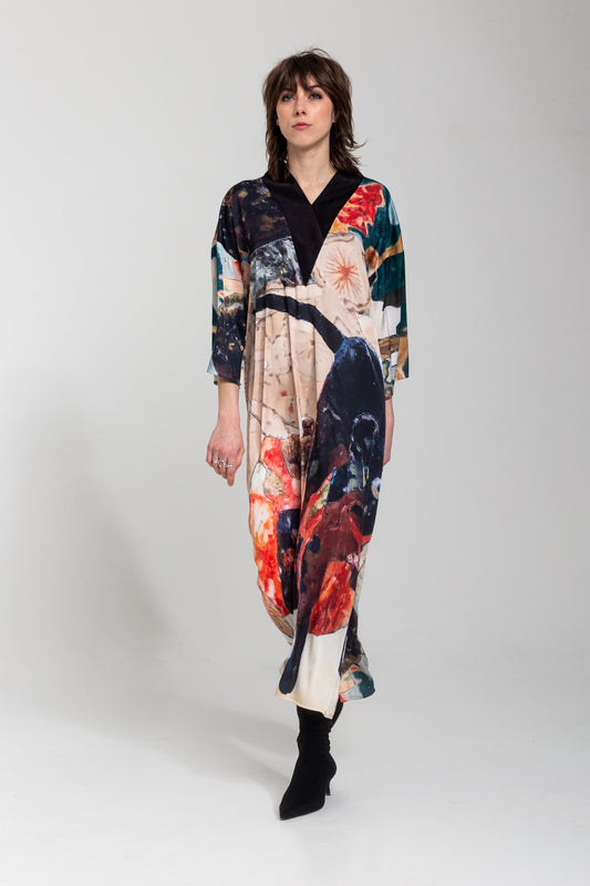 maxi dress from luxurious printed satin fabric