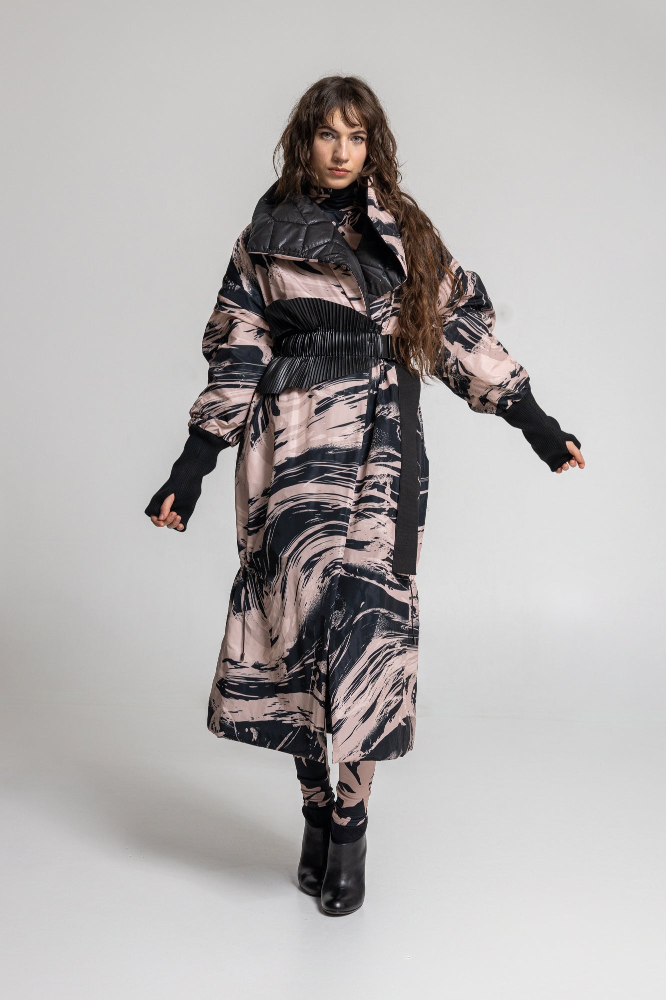 printed maxi coat from lightweight waterresistant fabric
