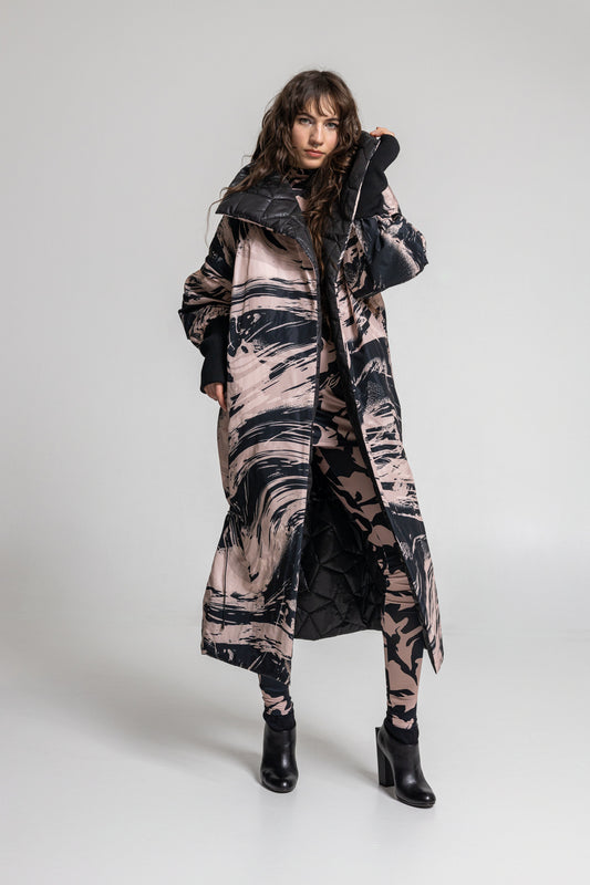 printed maxi coat with reversible quilted construction