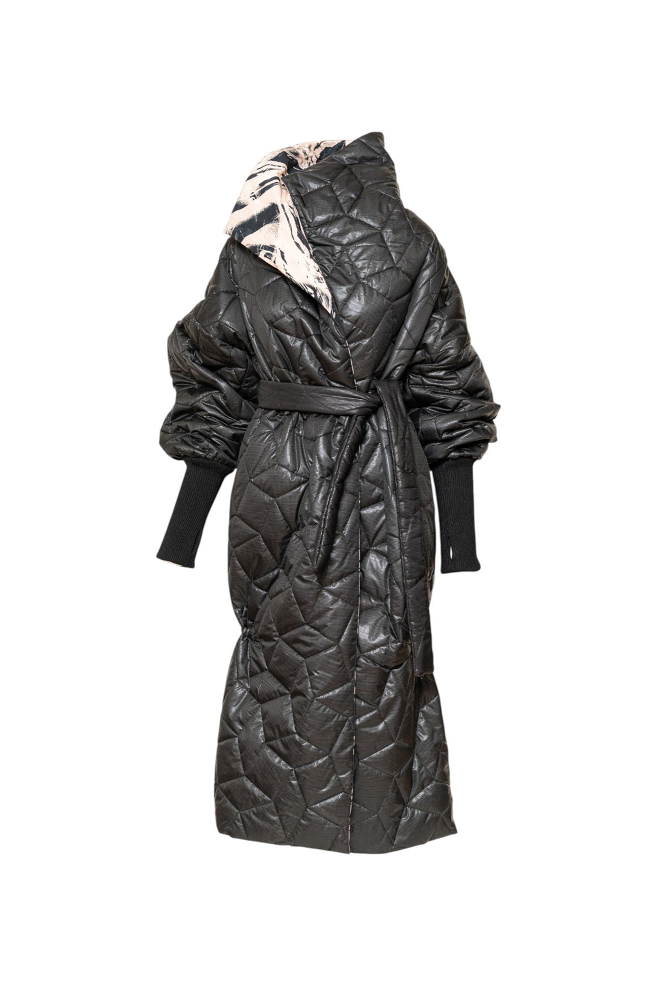Amber Printed Maxi Coat plain black quilted side Artista Budapest