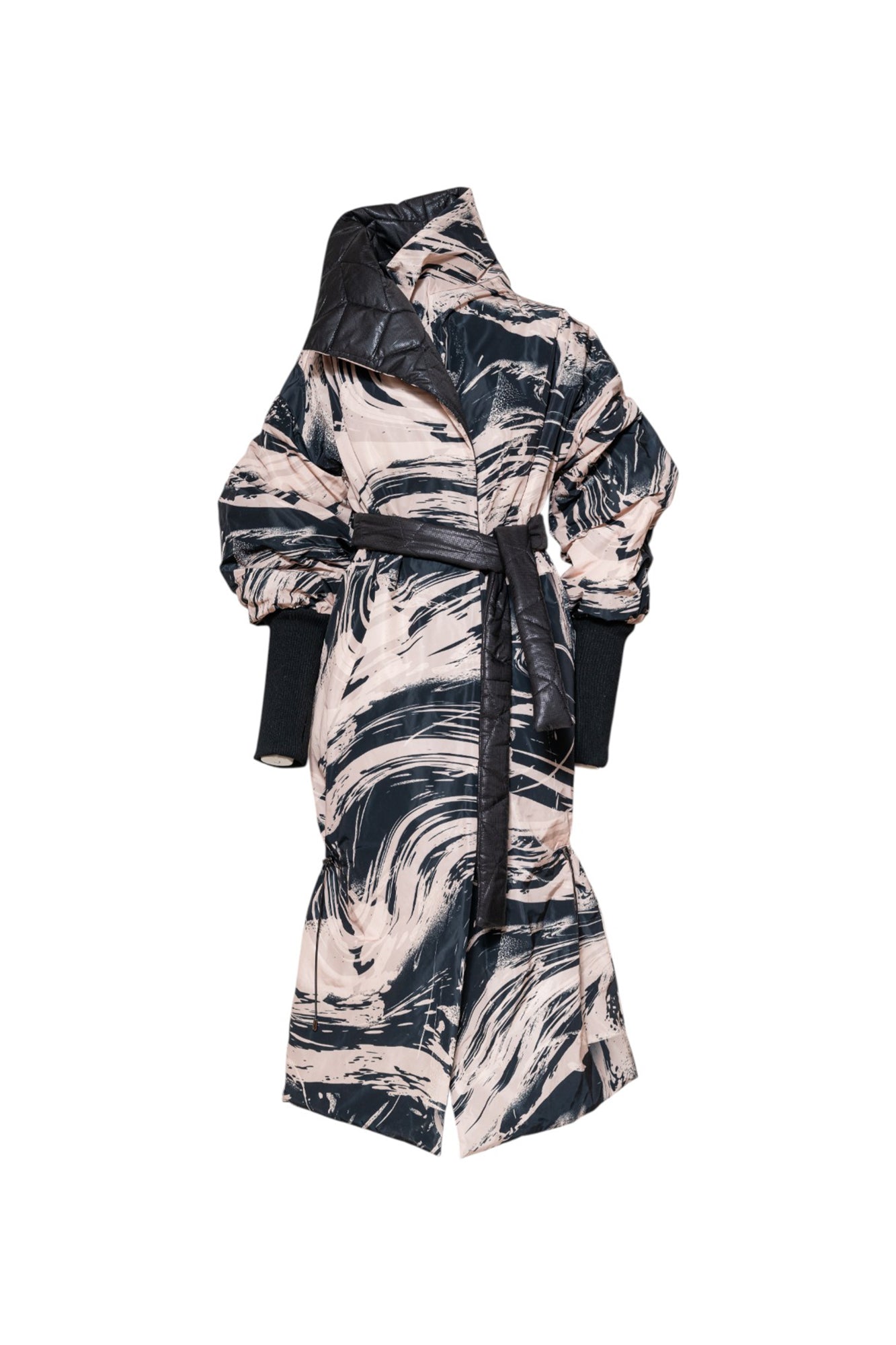 Amber Printed Maxi Coat swirling black and pale pink print design Artista Budapest