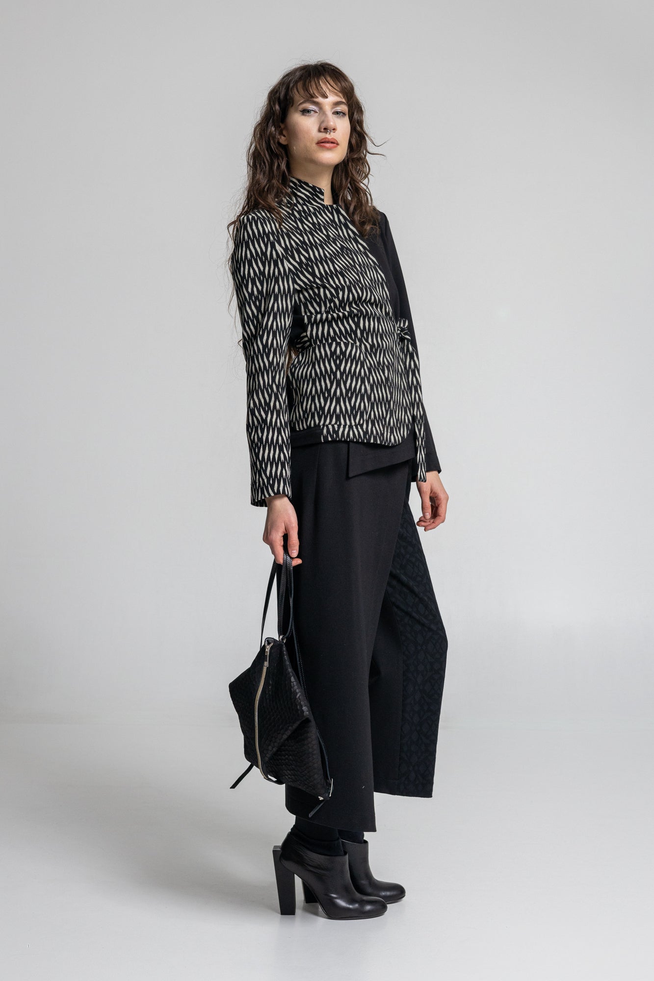 asymmetric jersey blazer with tie belt closing at waist