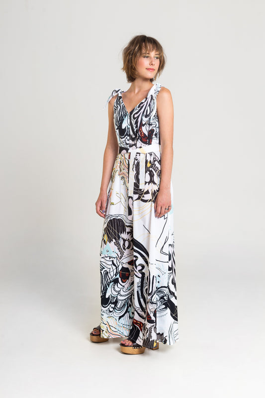 unique printed jumpsuit with zipping closure on front