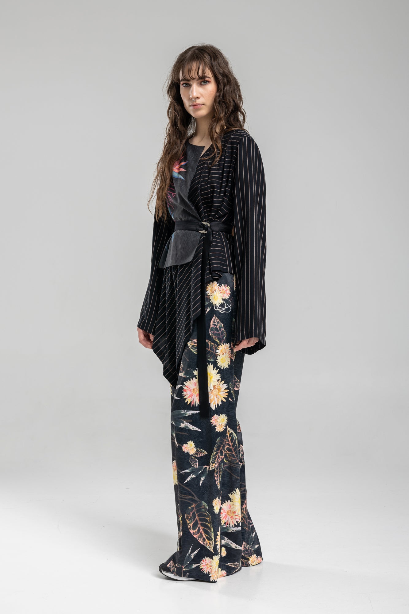 Asymmetric blouse with inset adjustable belt