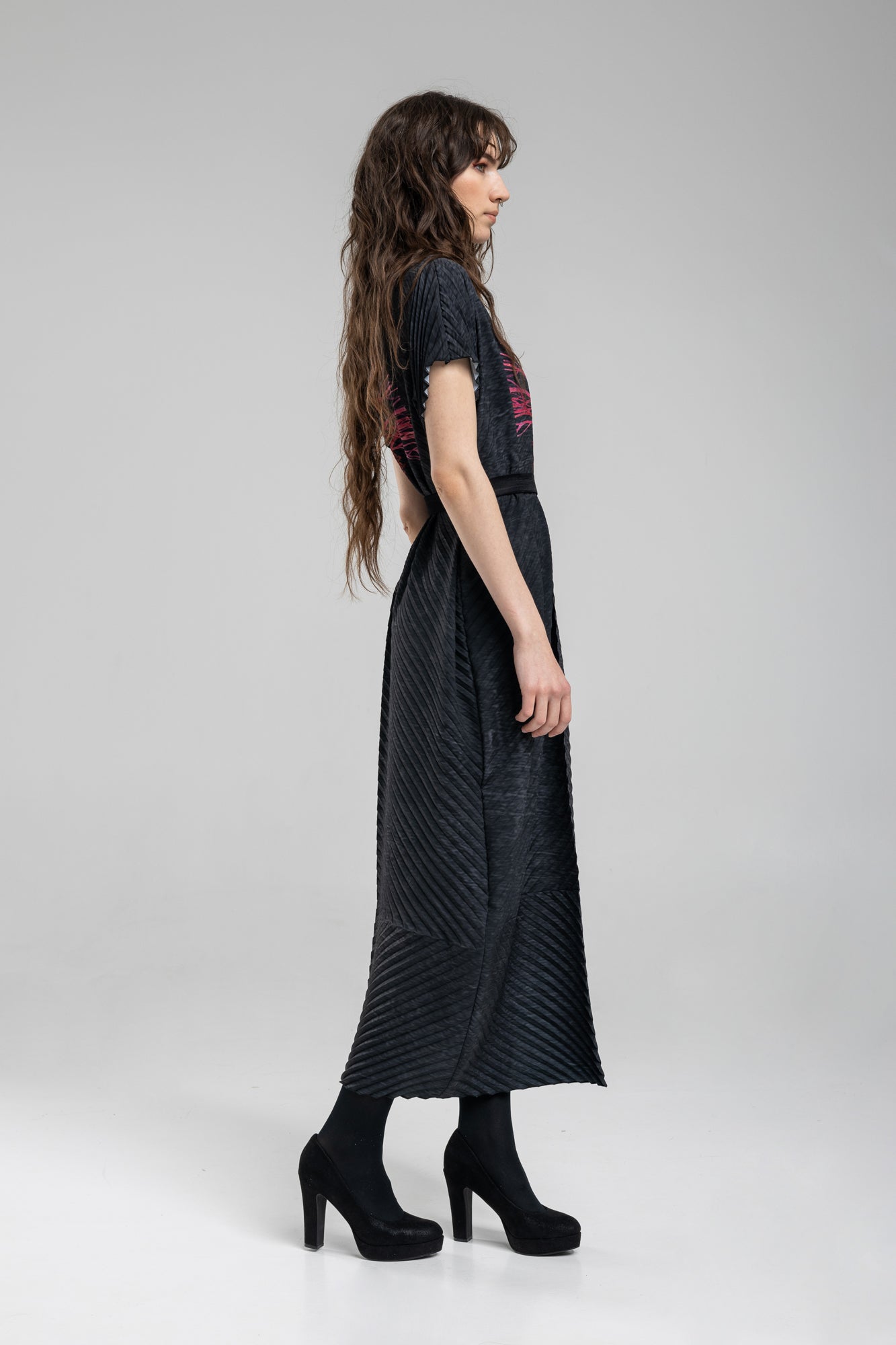 Pleated Maxi Dress with short pleated sleeves