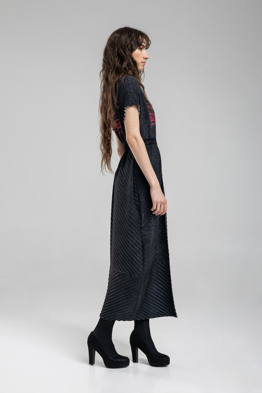 Pleated Maxi Dress with short pleated sleeves
