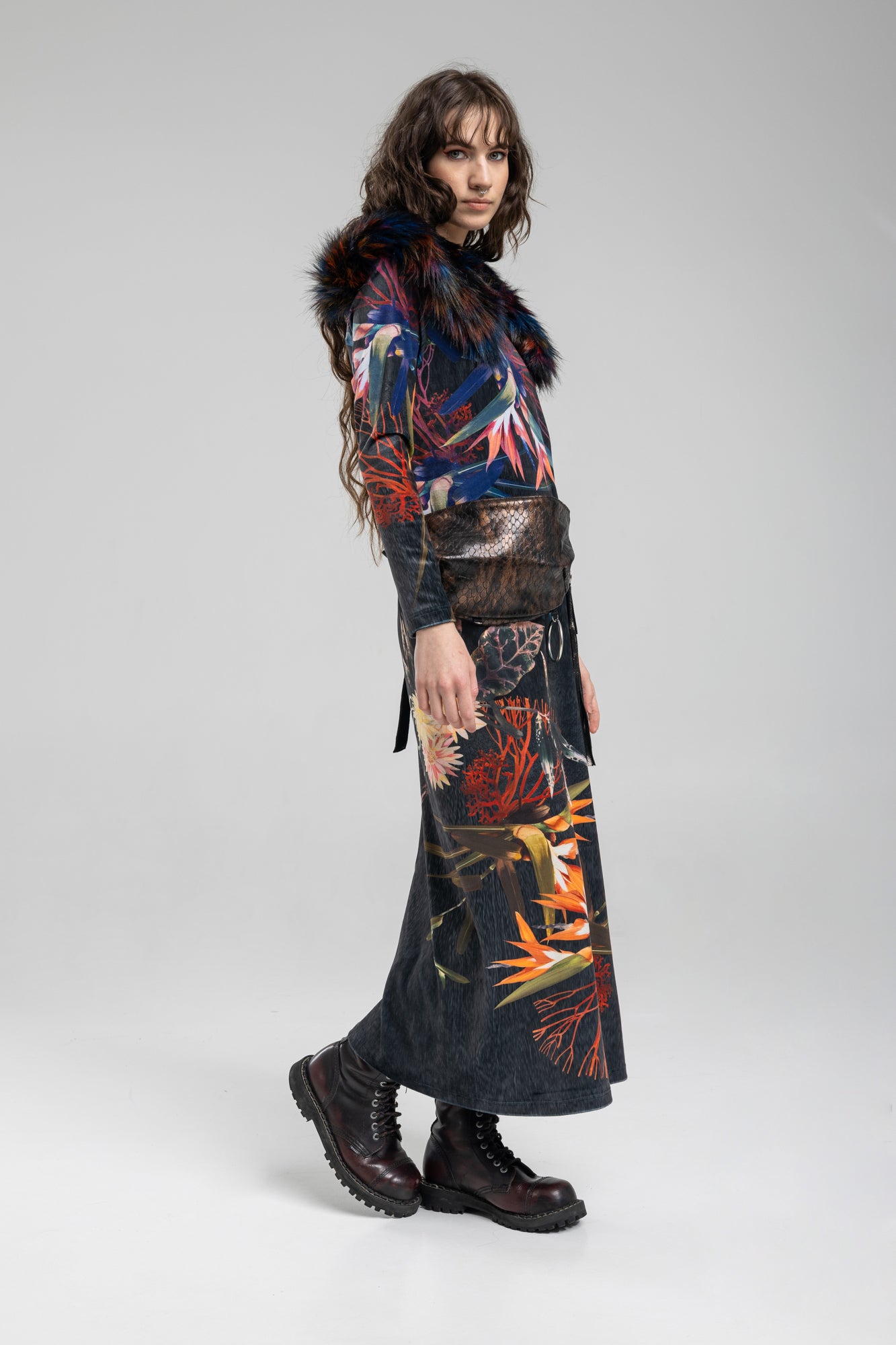 maxi dress with boat neck and long sleeves
