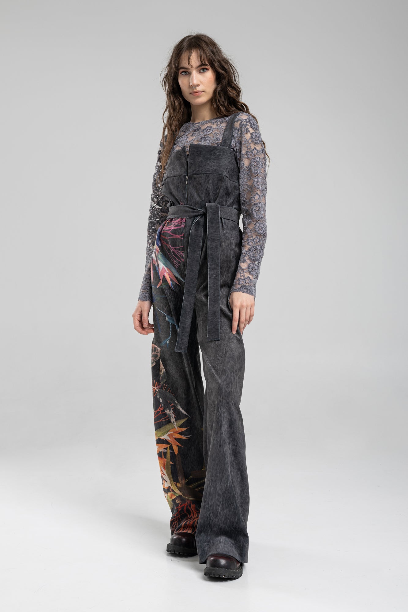 washed black corduroy jumpsuit with inset belt