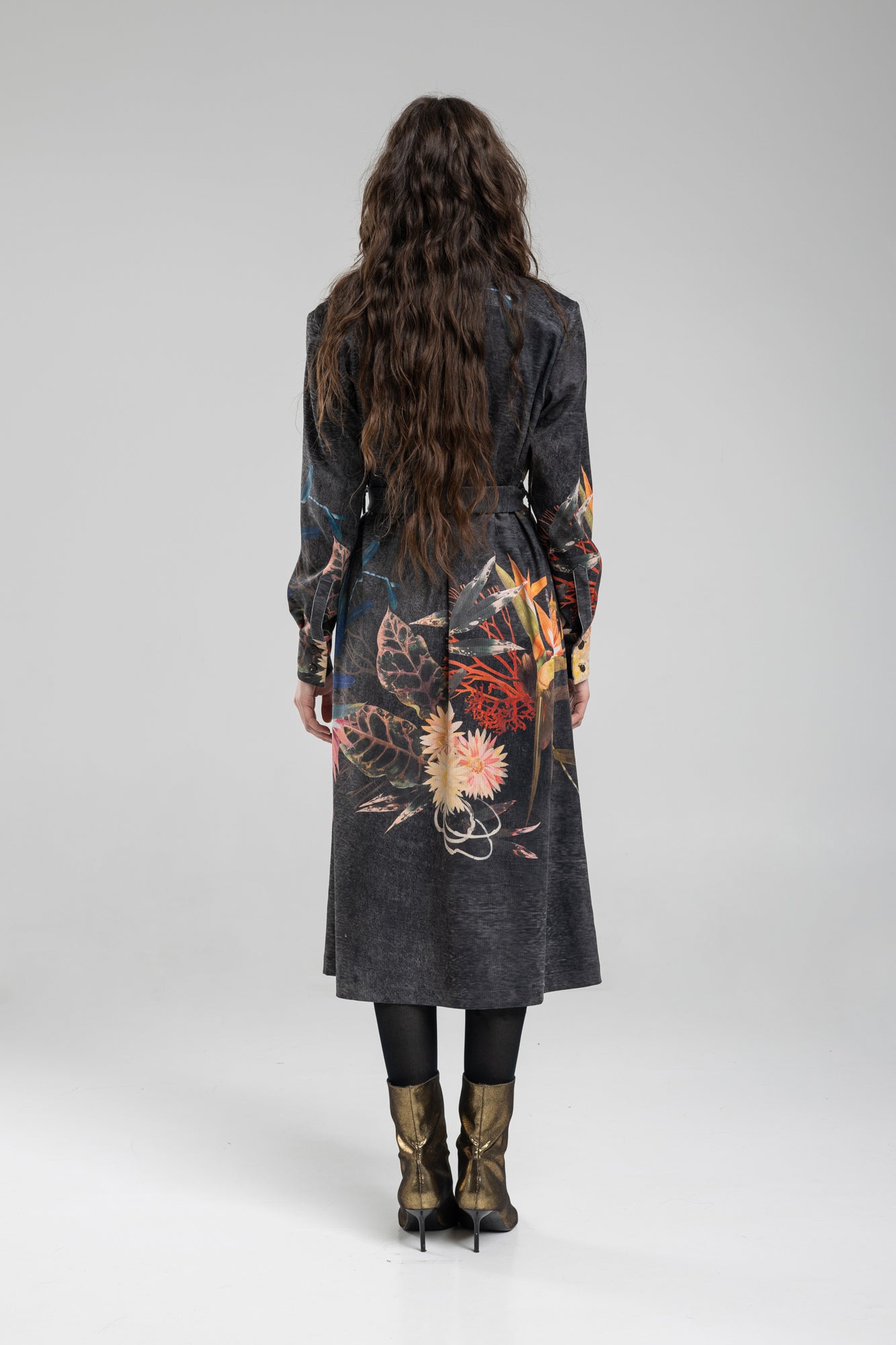 Corduroy Shirt Dress with asymmetric floral print