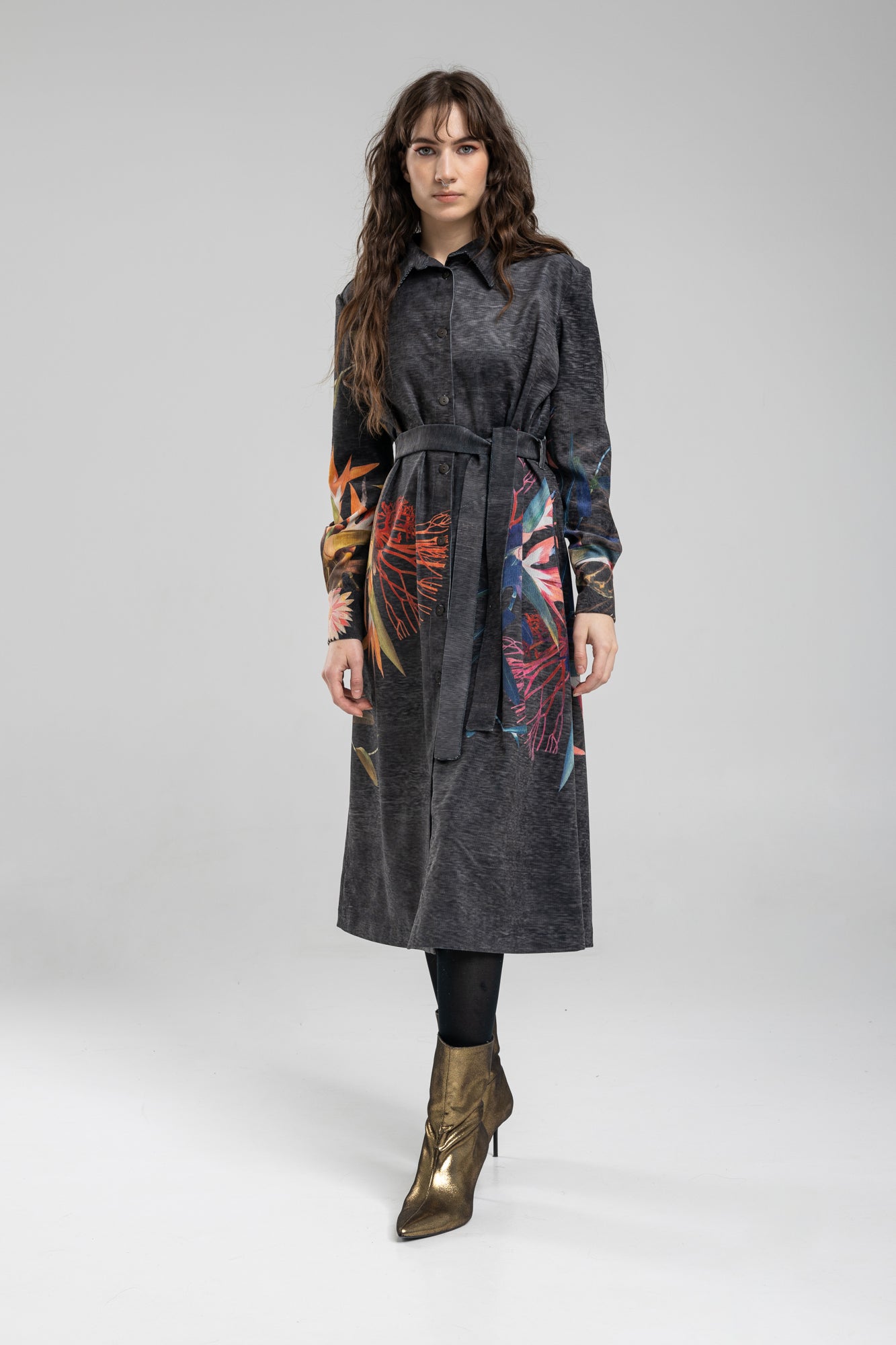 black shirt dress with flowers Cassie Ditsy Floral Mini Shirt Dress- Black
