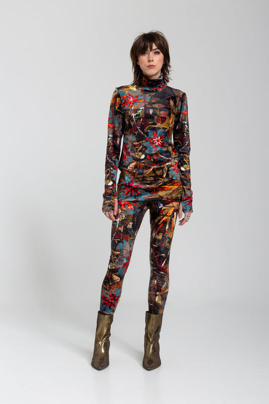 unique printed turtleneck with thumbwhole cuffs on both sleeves