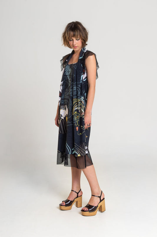 printed midi dress with frill details artista budapest