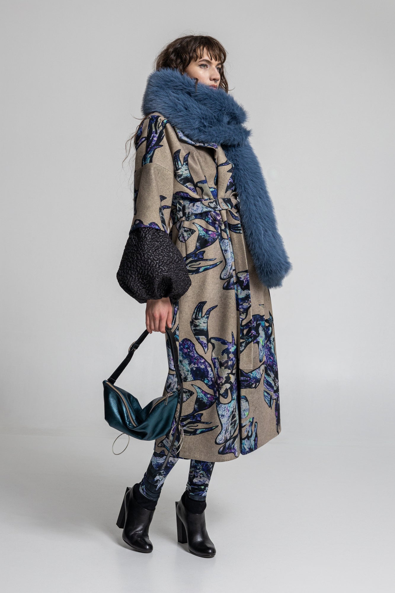 overlapped maxi coat with crystal like unique print design