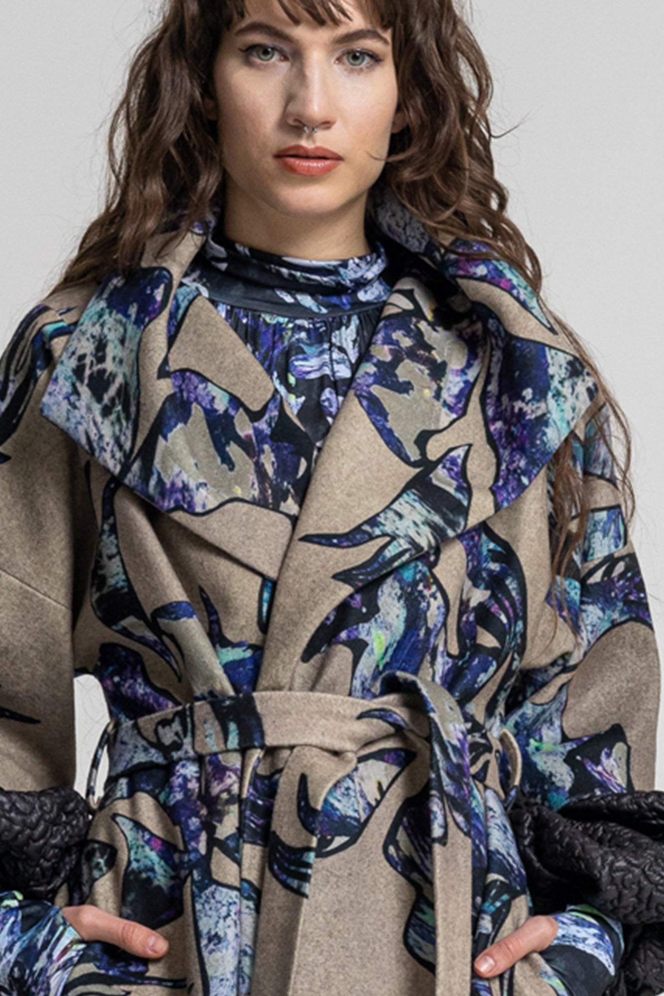 overlapper printed maxi straight coat with high overlapping collar