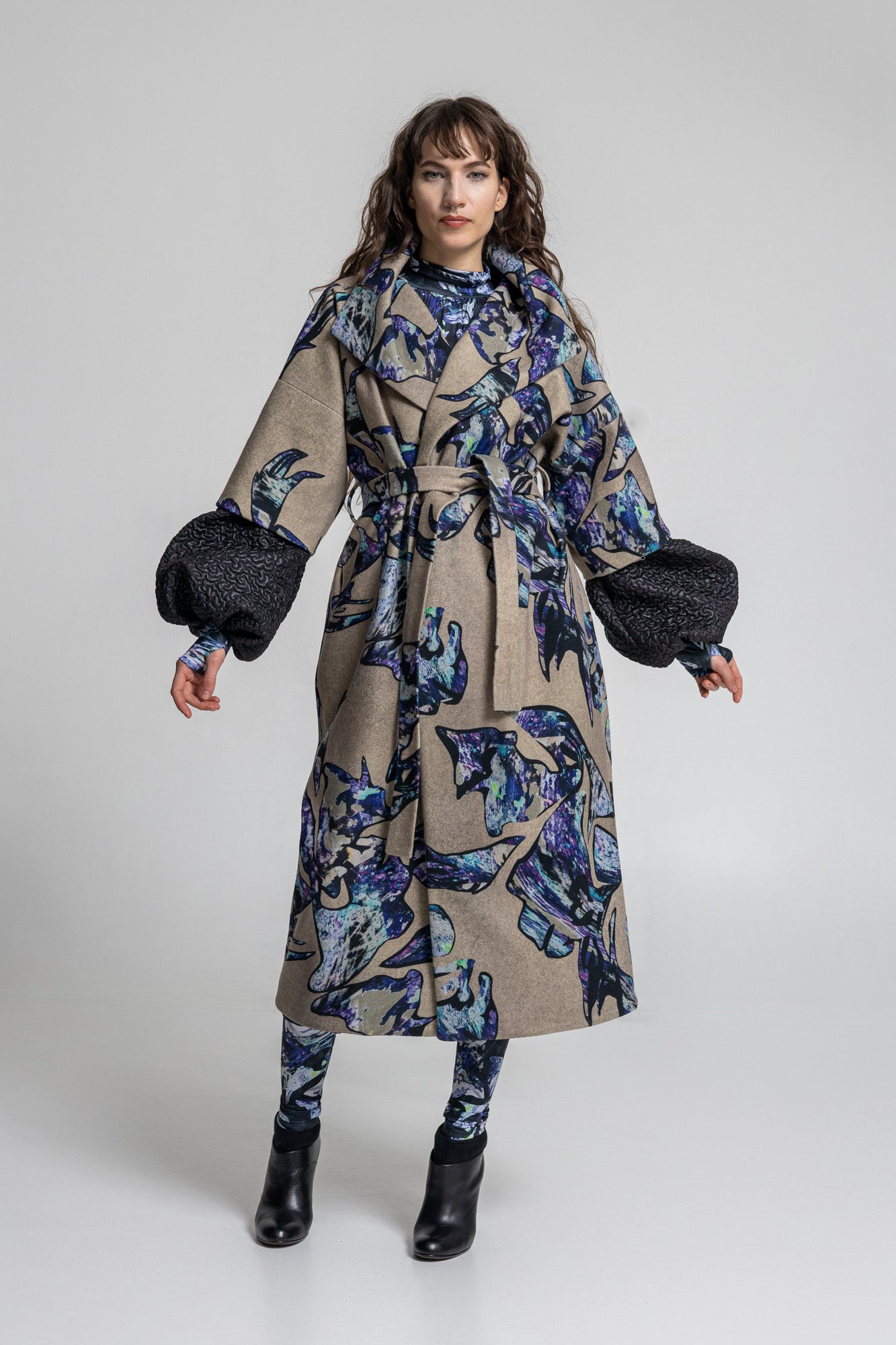 overlapped printed maxi coat slightly oversized