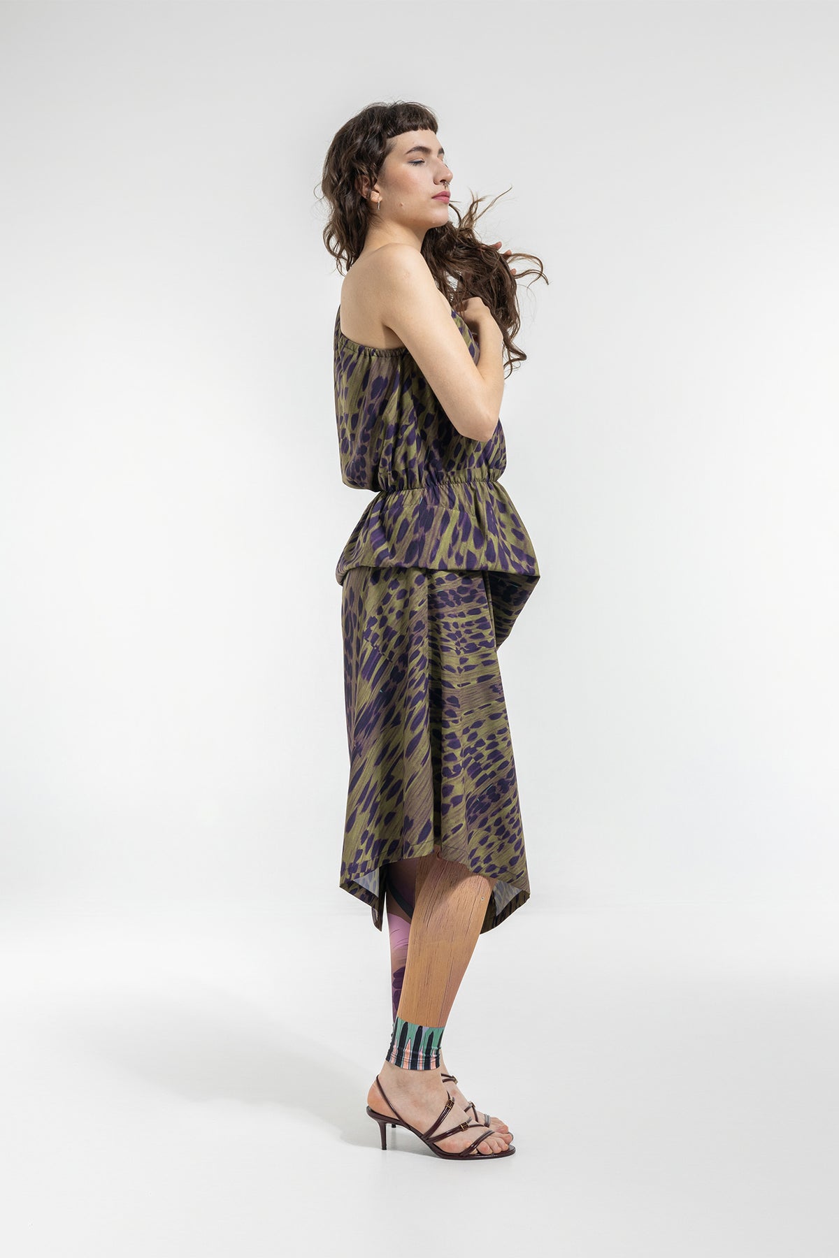 one shoulder midi dress elastic waist