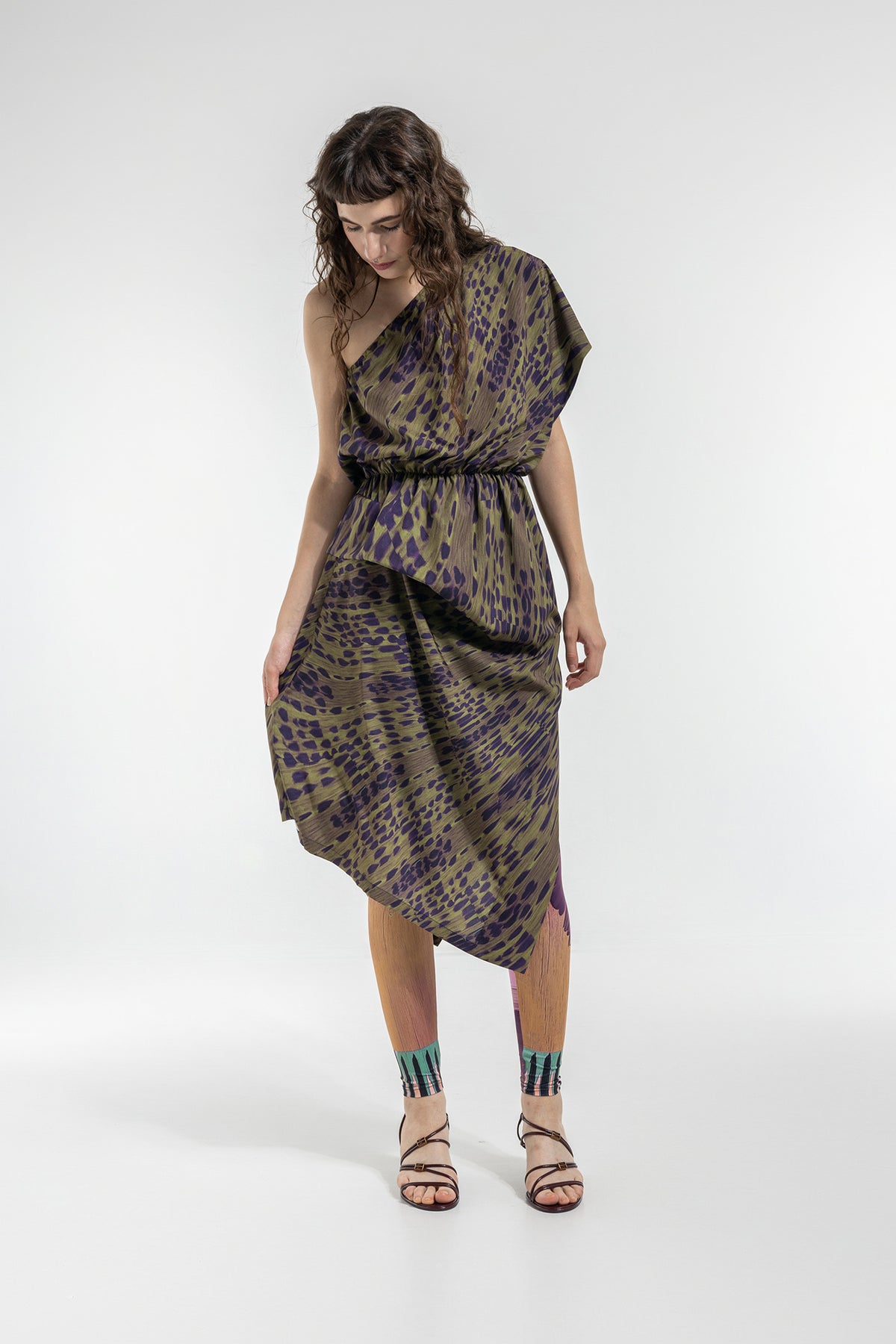 one shoulder midi dress with folds on right side