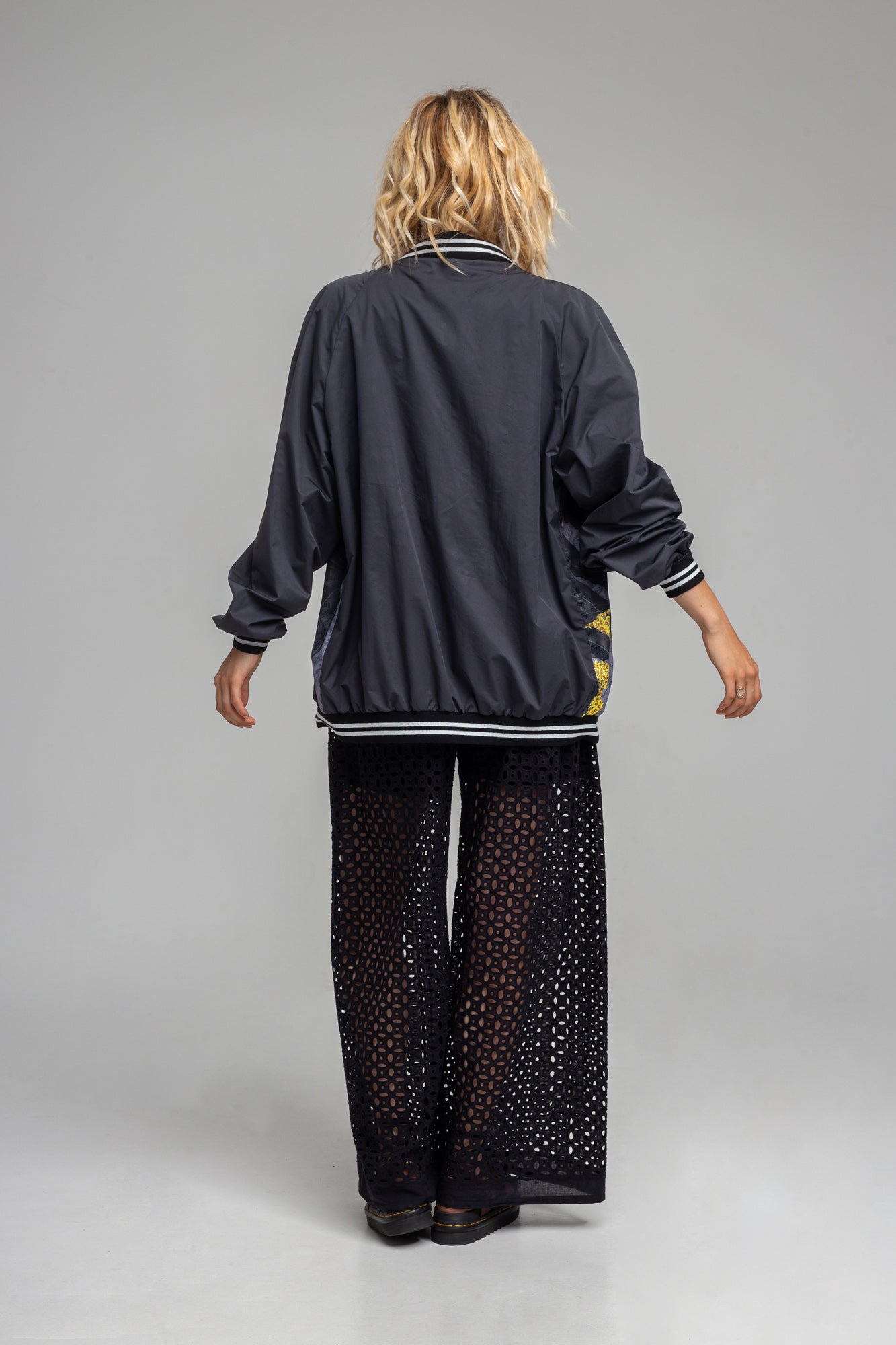 V-neck elongated cut bomber jacket contemporary design artista budapest