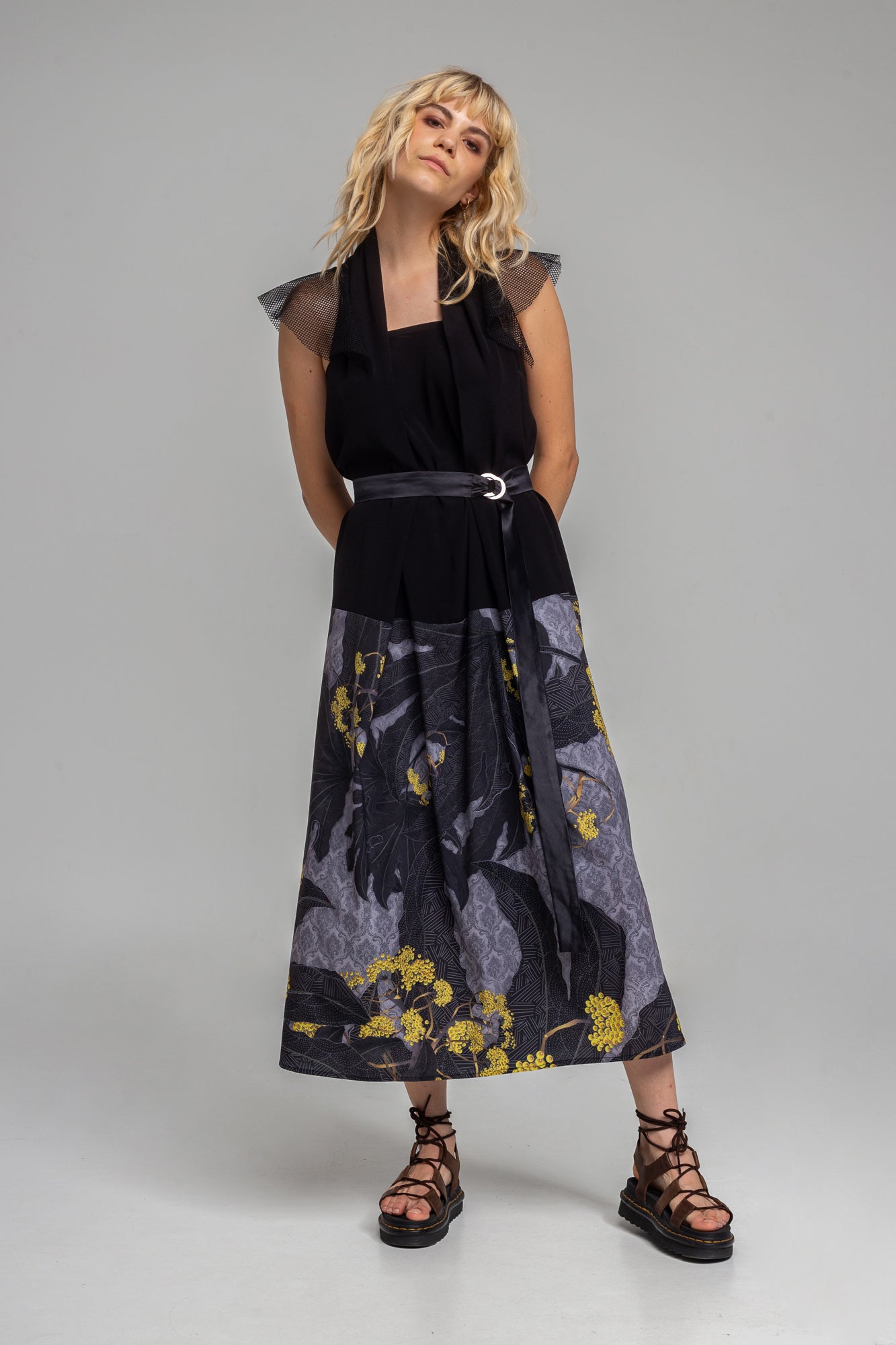 maxi dress with own black satin tie belt artista budapest