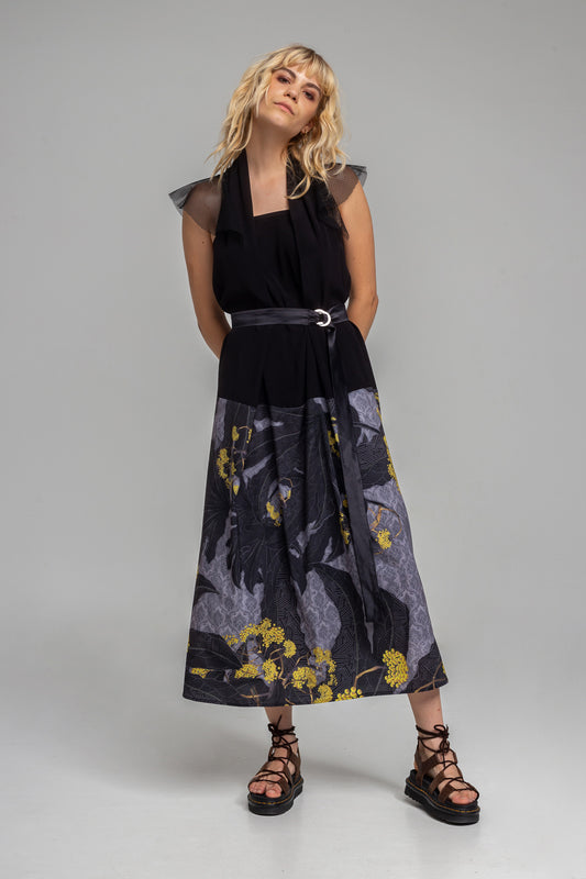 maxi dress with own black satin tie belt artista budapest