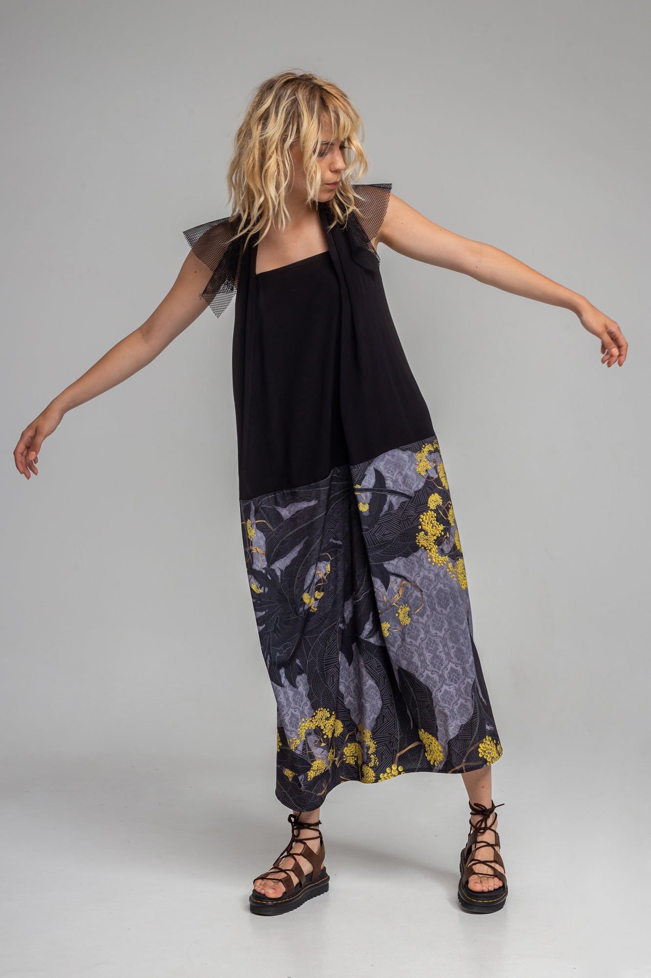 maxi dress with mesh frill details artista budapest