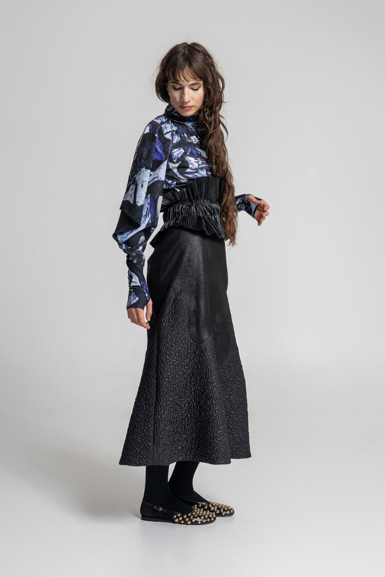 crystal like printed drape top with turtleneck finish