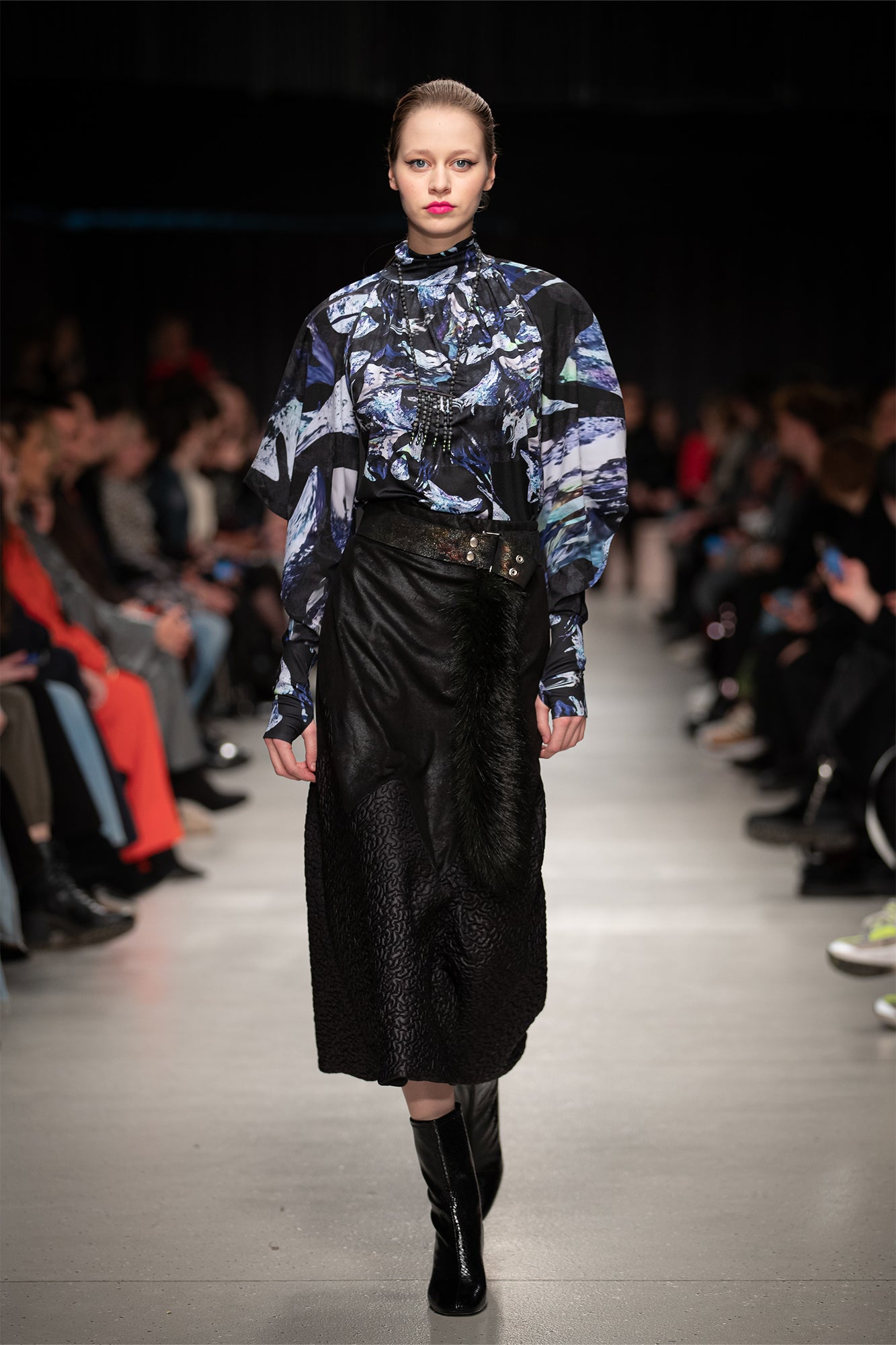 model walking the runway of Budapest Central European Fashion Week wearing the Dark Crystal Printed Drape Top