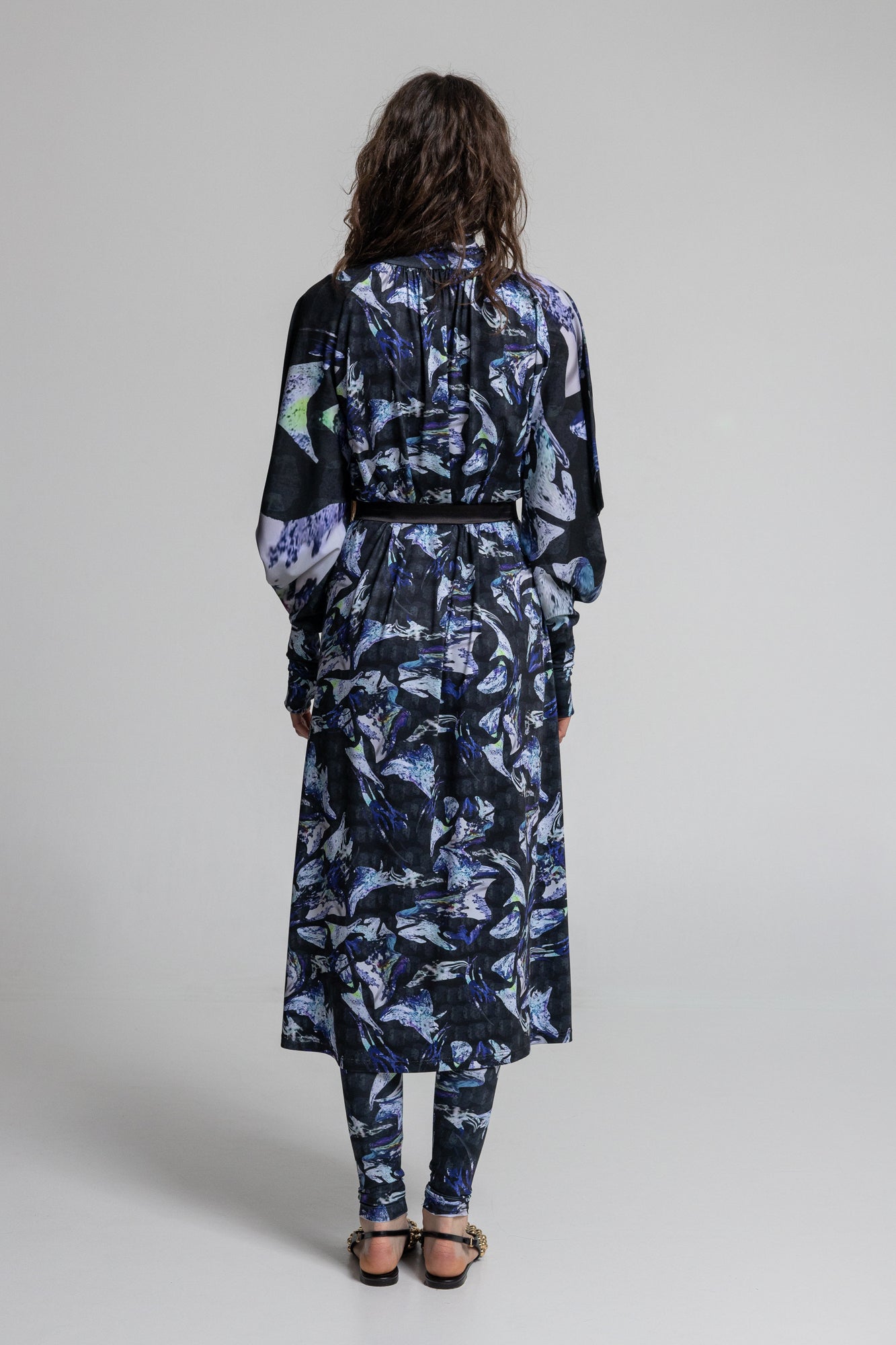turtleneck midi dress with inset black satin tie belt at waist