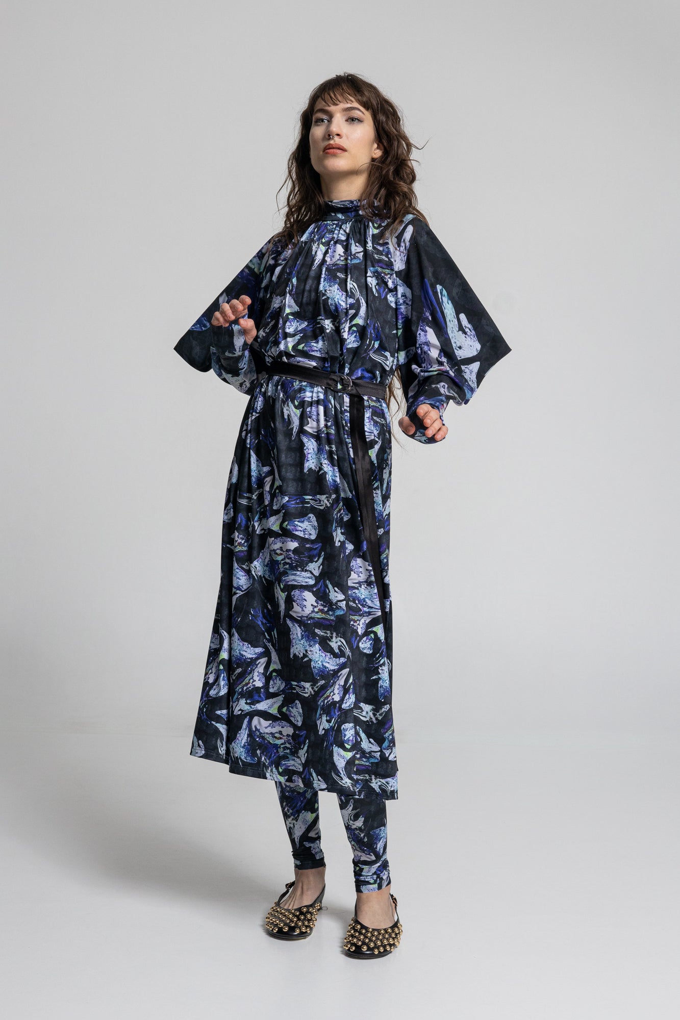 turtleneck midi dress with long geometric shaped sleeves
