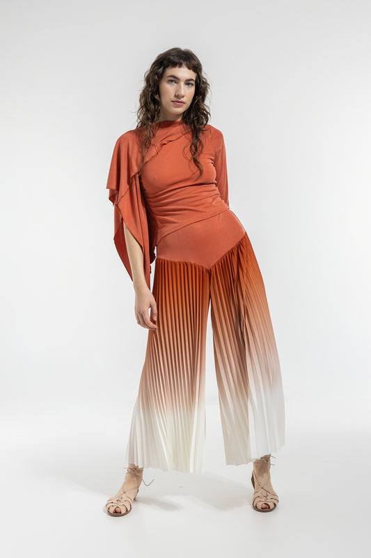 terracotta top with scarf like drape on boat neck