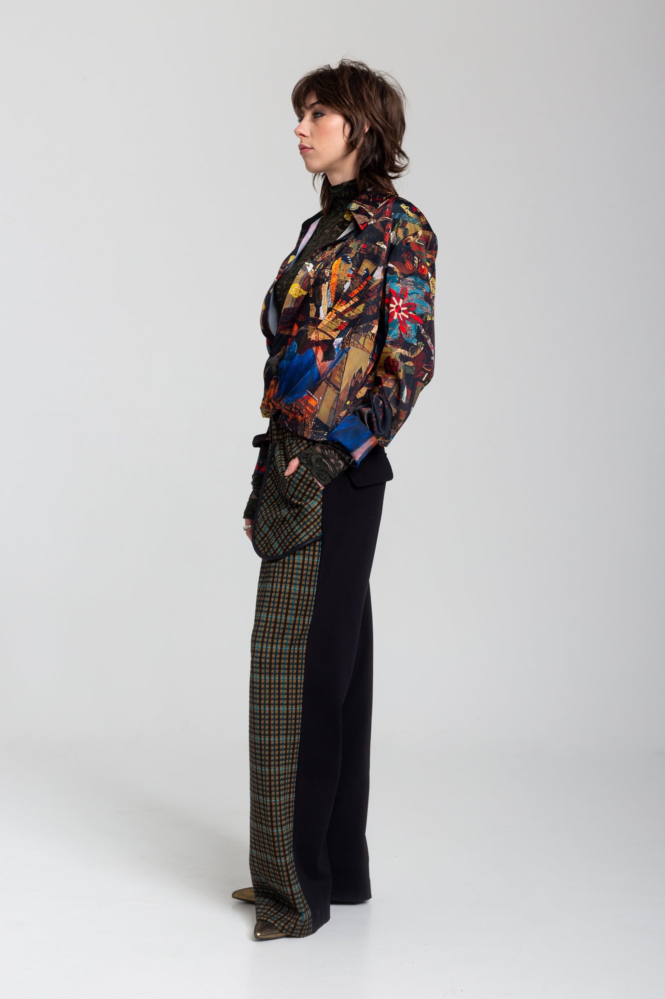 checkered pants with plain black back
