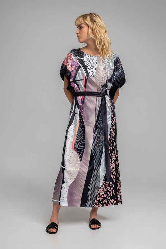 maxi dress with own black satin tie belt artista budapest