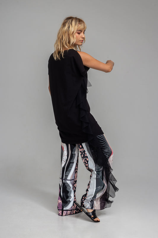 palazzo pants with mesh frills on one leg artista budapest