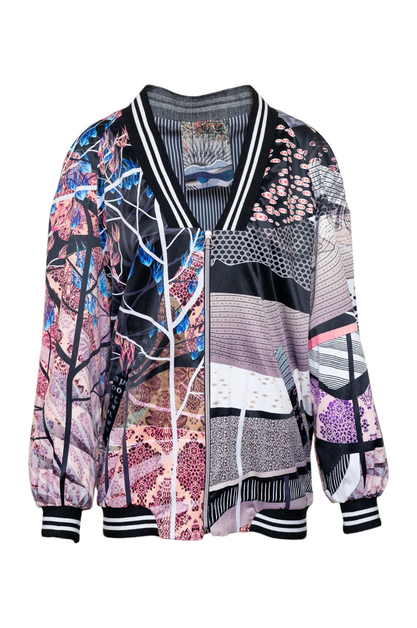 GAIA V-neck printed zipped long bomber jacket