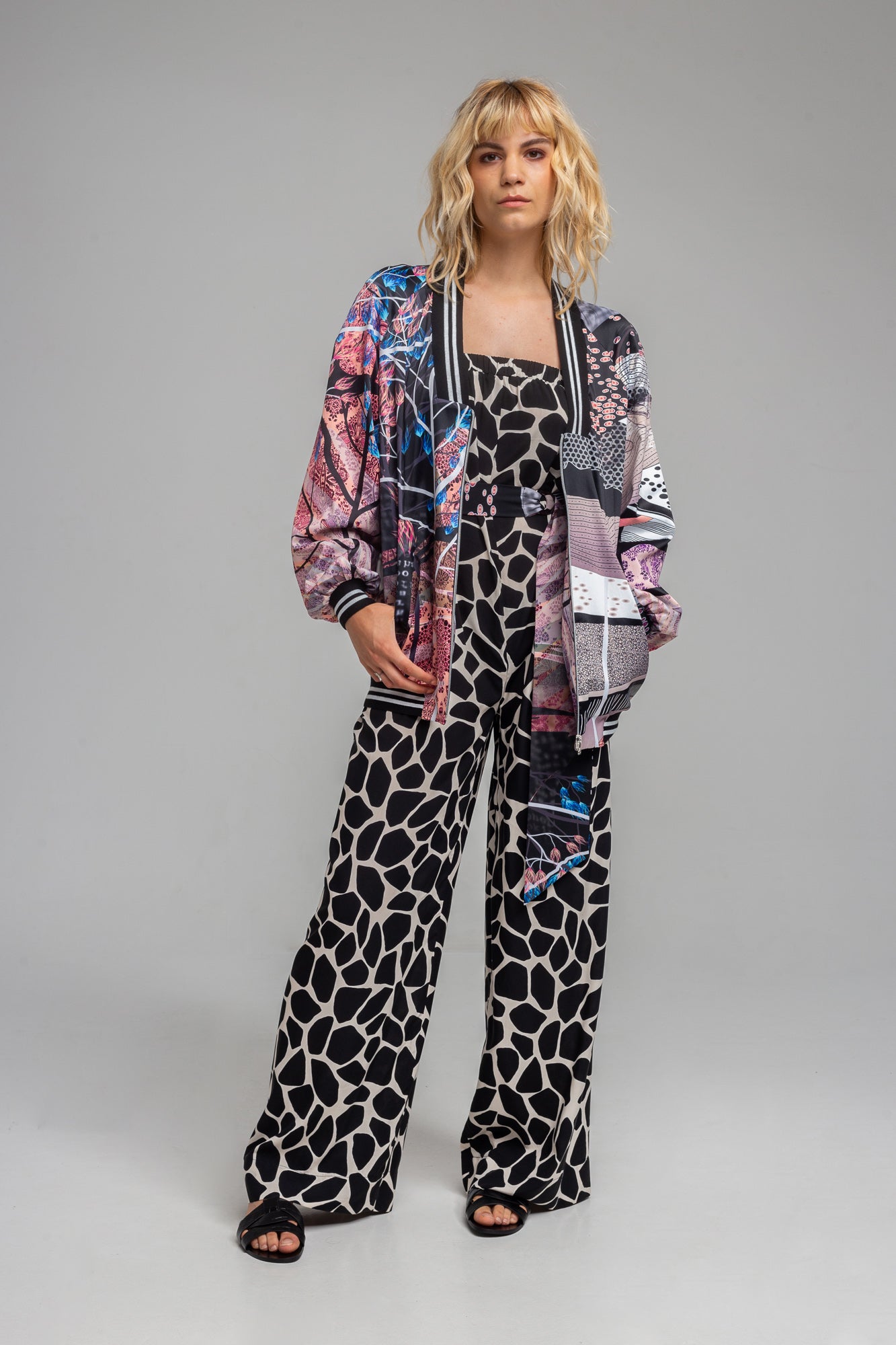 GAIA V-neck printed zipped long bomber jacket