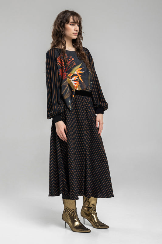 blouse with long pinstriped sleeves