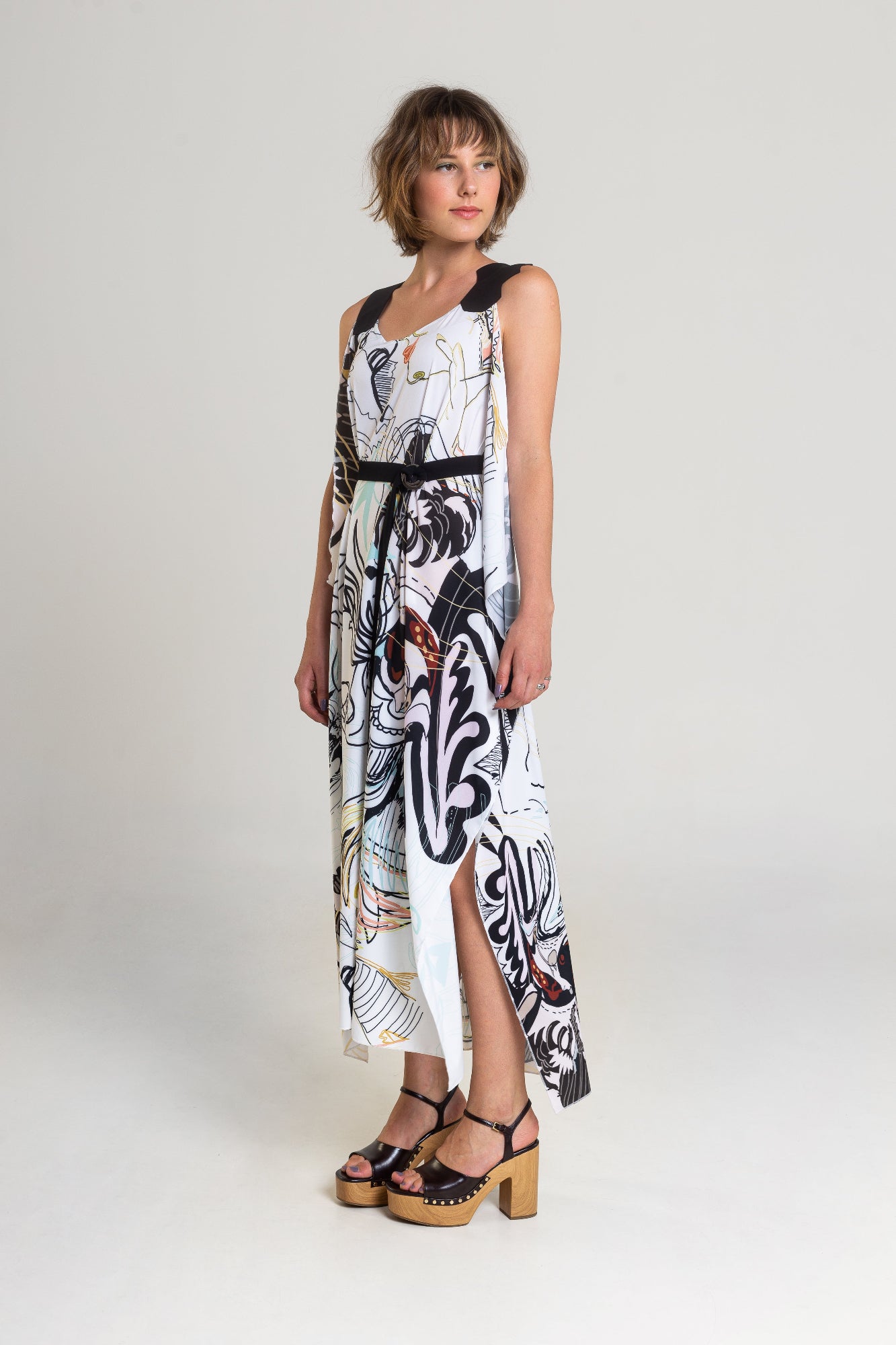 printed midi dress with floating fabrics artista budapest