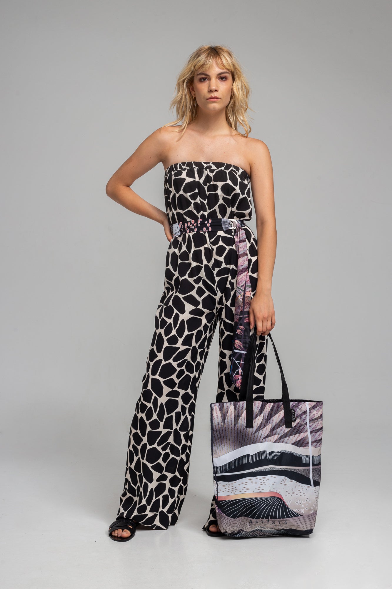 strapless jumpsuit with own printed tie belt artista budapest