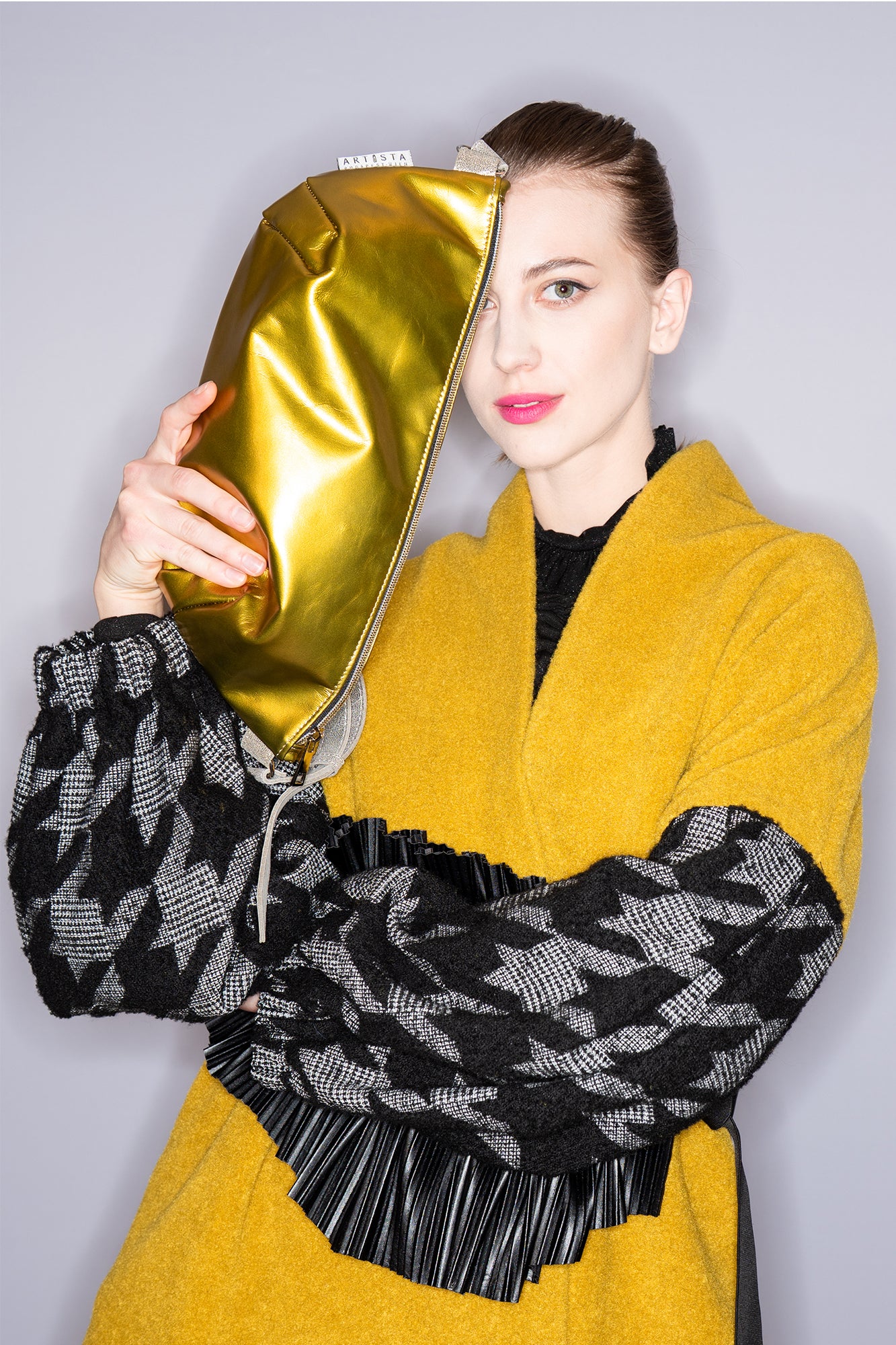 oversized wrap coat with pin check prints on long elastic bell sleeves