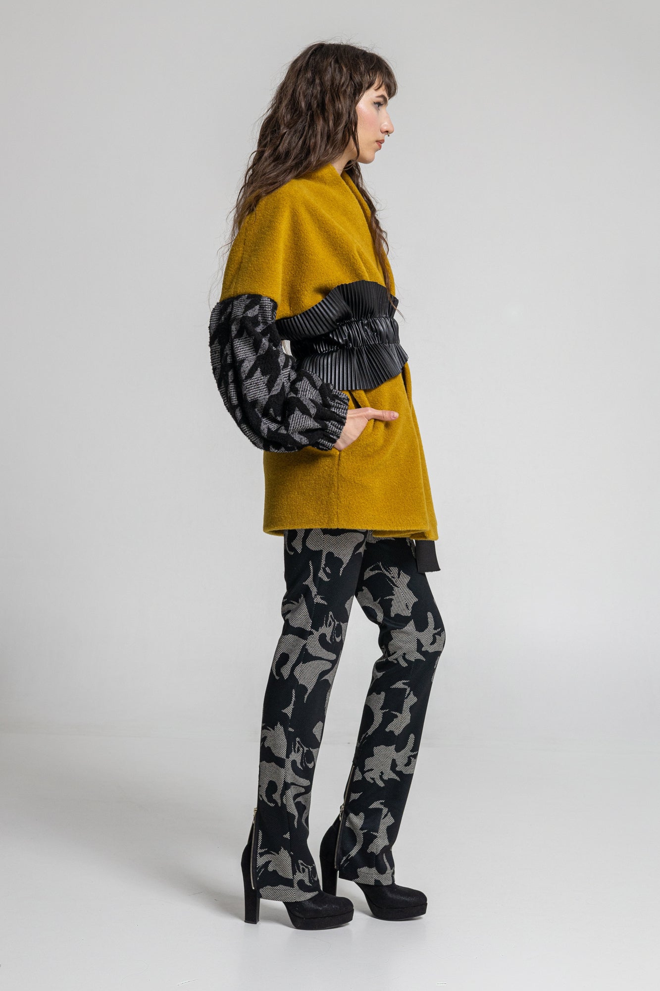 oversized mustard yellow coat with side pockets