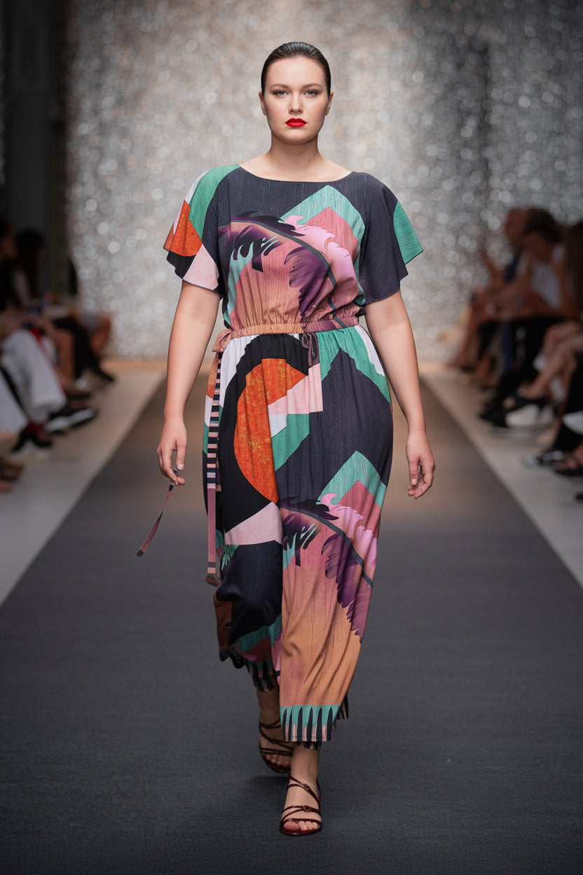 Model walking on a runway wearing a colorful dress with abstract patterns.