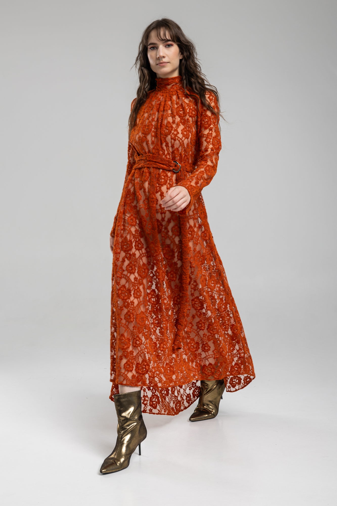 Lace maxi dress with inset tie belt