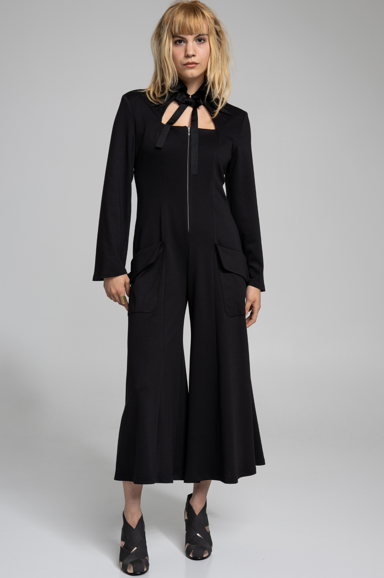 feminine black jumpsuit with zipup closure