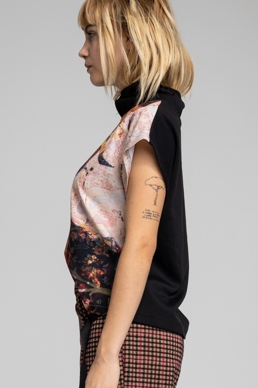 top with short sleeves and unique mock neck