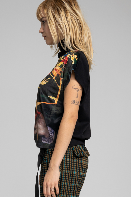 velvet top with asymmetric unique mock neck and short sleeves