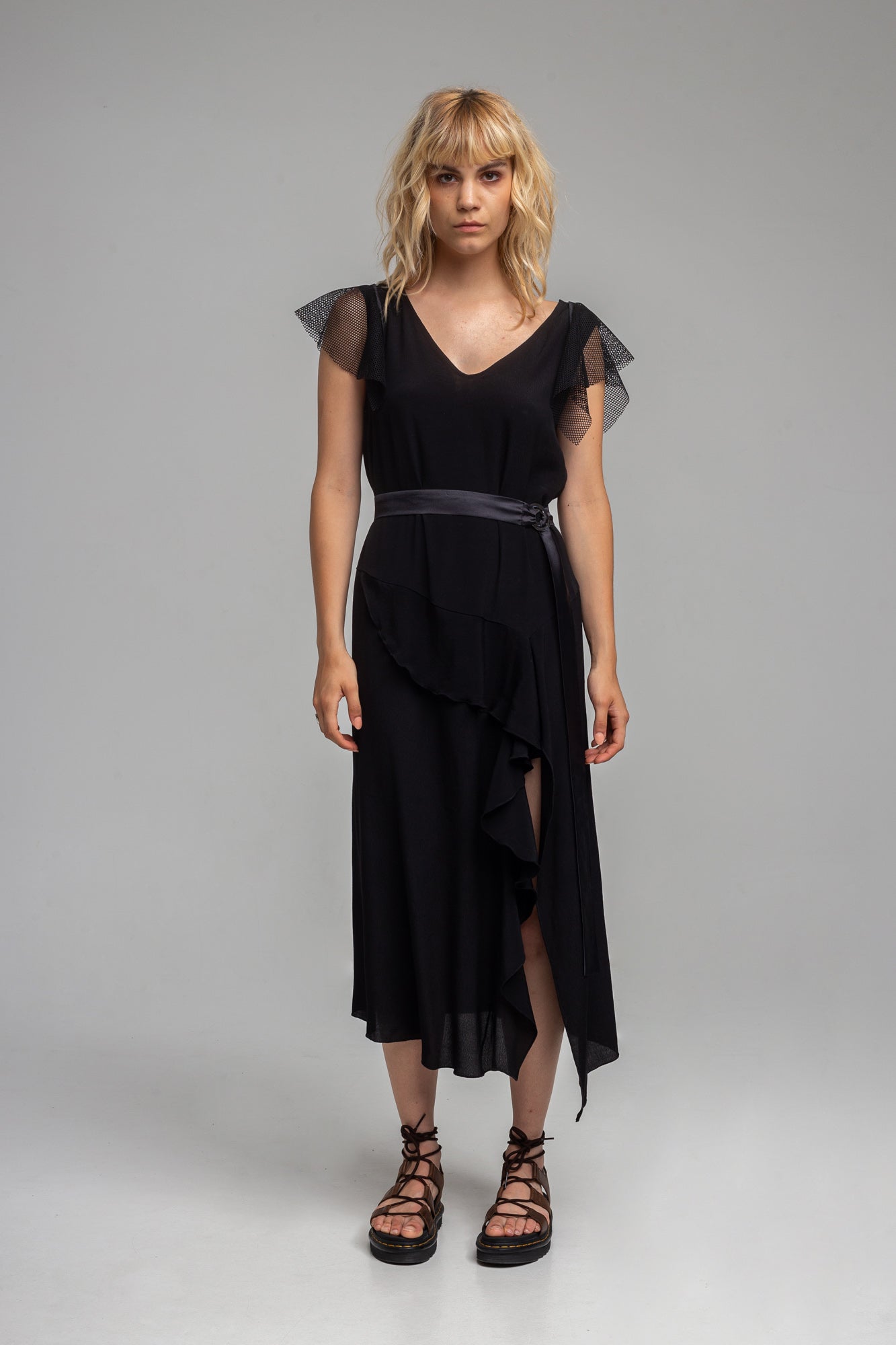 mesh frill maxi dress with inset satin black tie belt artista budapest