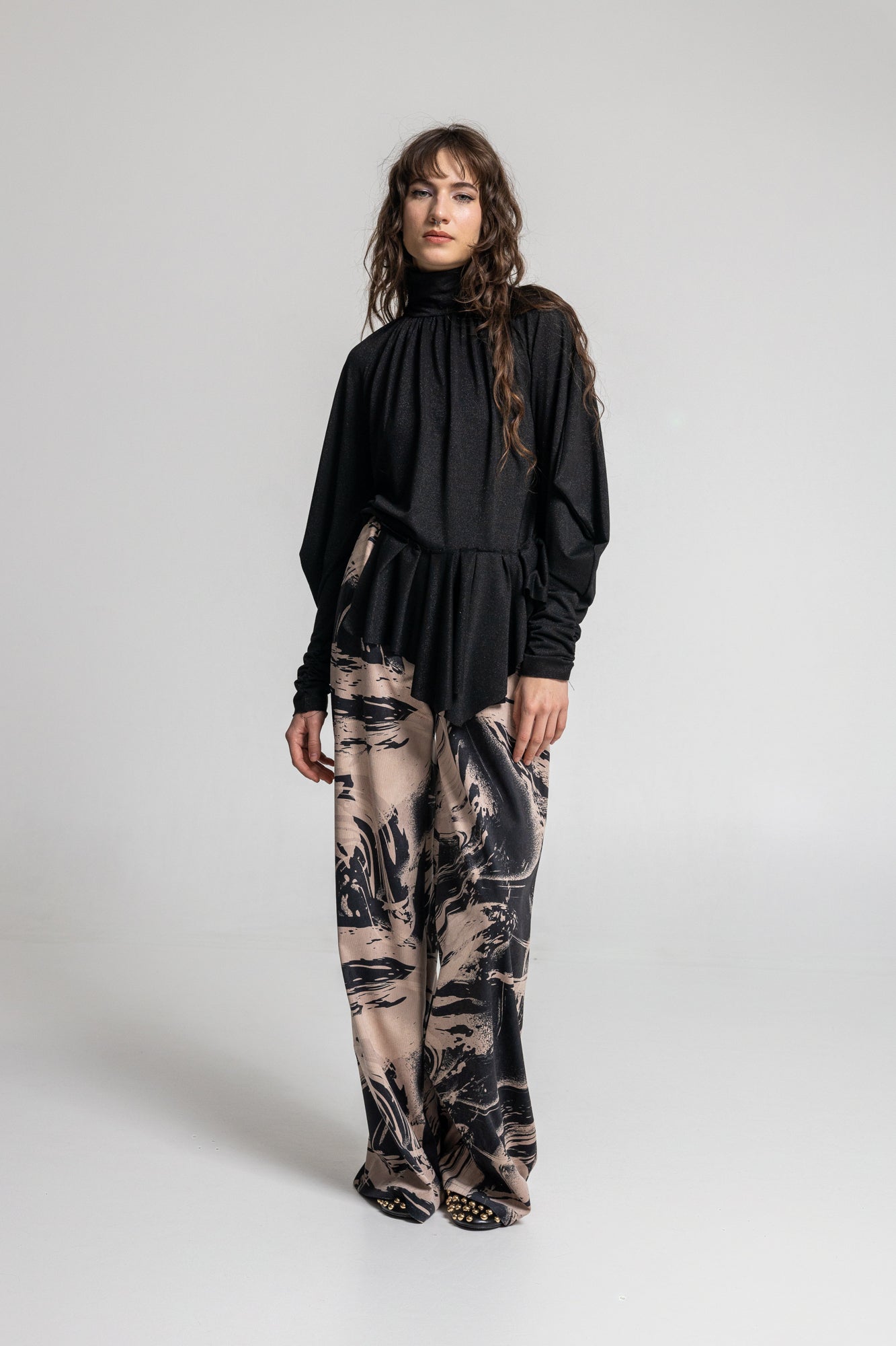 draped turtleneck with gathered elastic cuffs