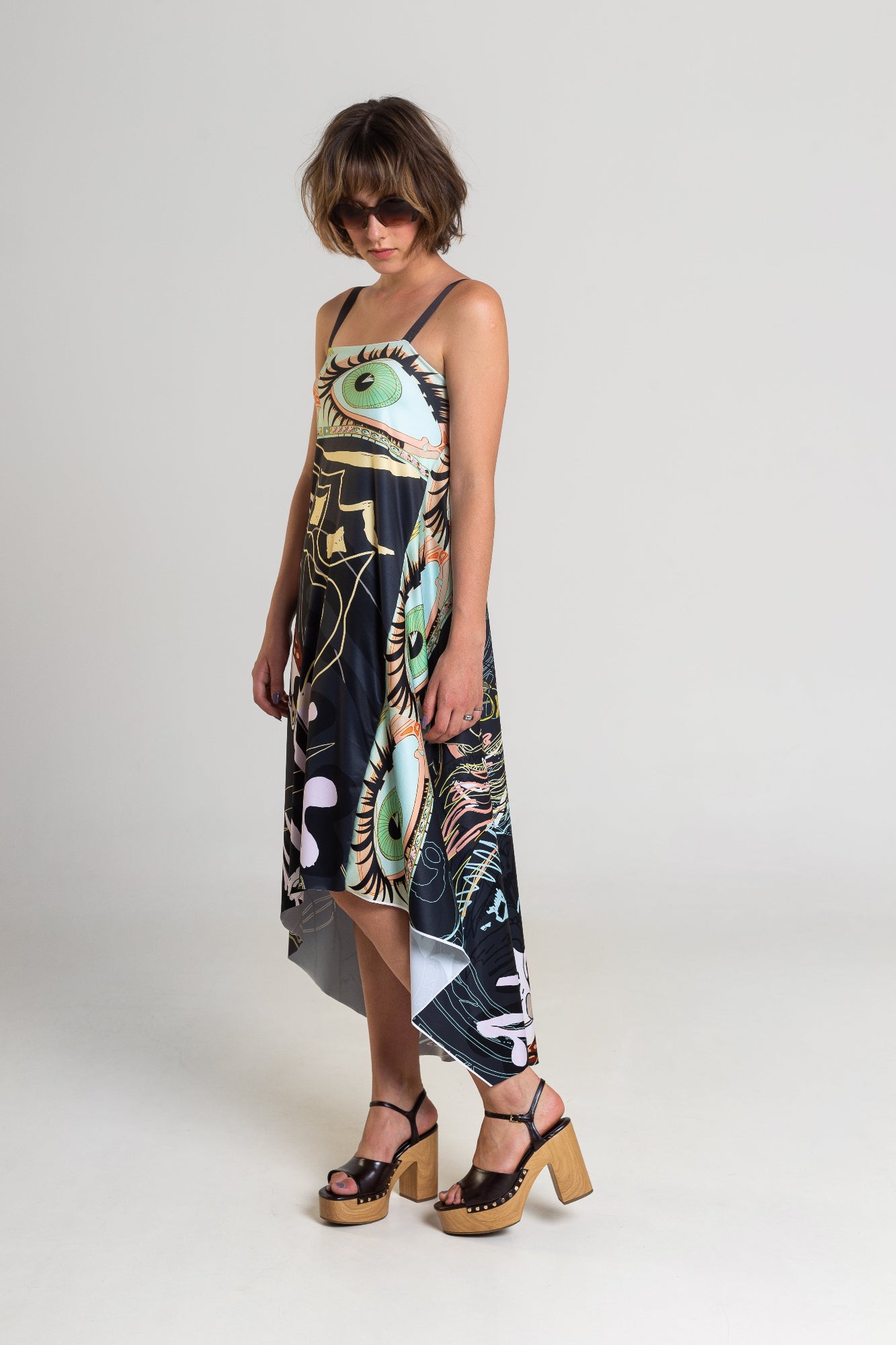 midi asymmetric cut printed dress artista budapest