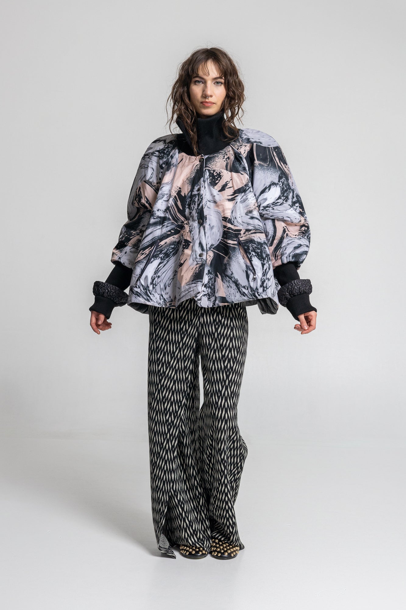 puffy printed jacket with button down closure