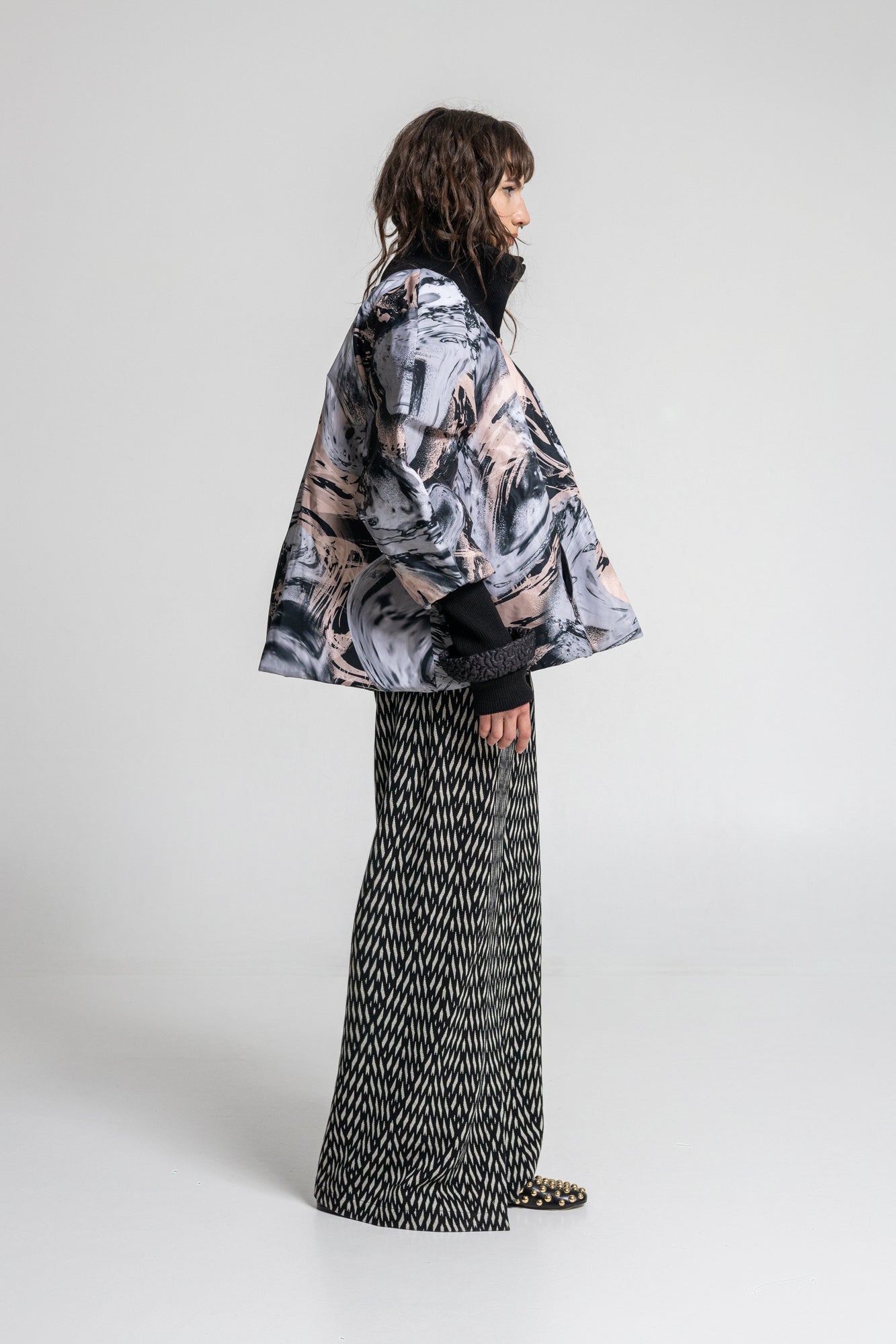 printed puffy jacket with elastic ribbed high neck